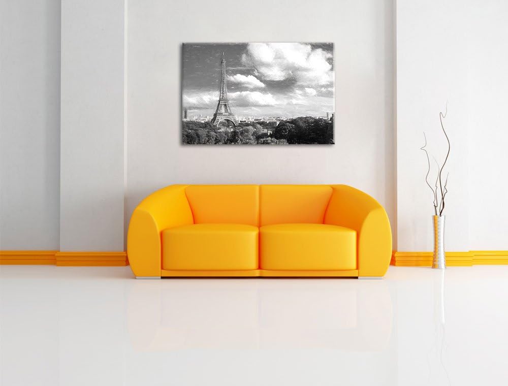 Pixxprint Riesiger Eiffelturm in Paris Kohle Zeichnung Effekt, Format: 100x70 auf Leinwand, XXL ries