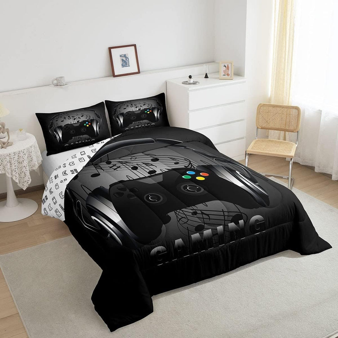 Gaming-Bettwäsche-Set mit Kopfhörern, Game-Controller, schwarz-grau, Videospiel-Dekoration, Musik-Me