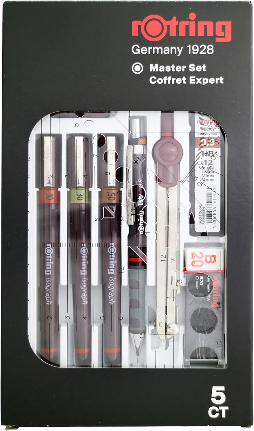 rOtring Isograph Fineliner Master Set | mit Zirkel | 0,1 mm/ 0,3 mm/ 0,5 mm | 3 Stück 0,10 mm, 0,30