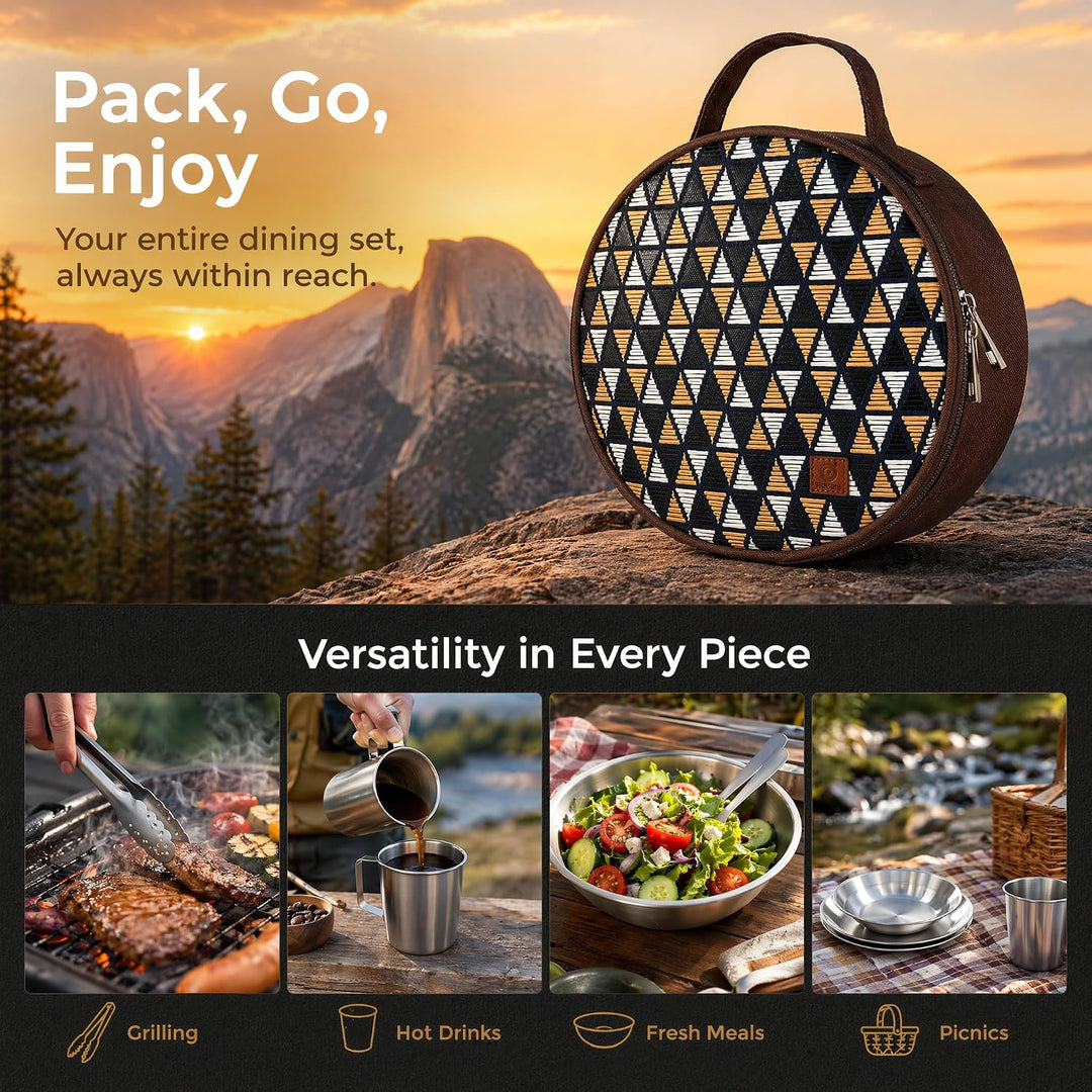 Campingbesteck Set 2 Person, 15 Stück Edelstahl Besteck mit Etui Messer Gabel Löffel Teller Kaffeebe