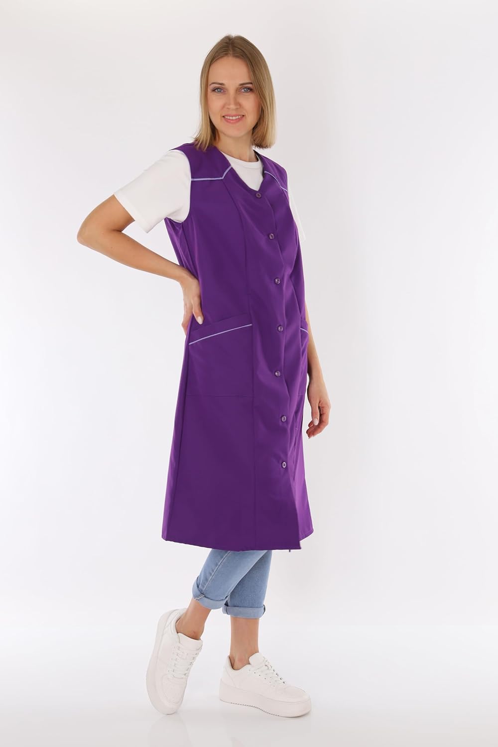 Damenkittel ohne Arm Kochschürze Kittel Schürze Knopfkittel einfarbig Hauskleid 42 Lila, 42 Lila