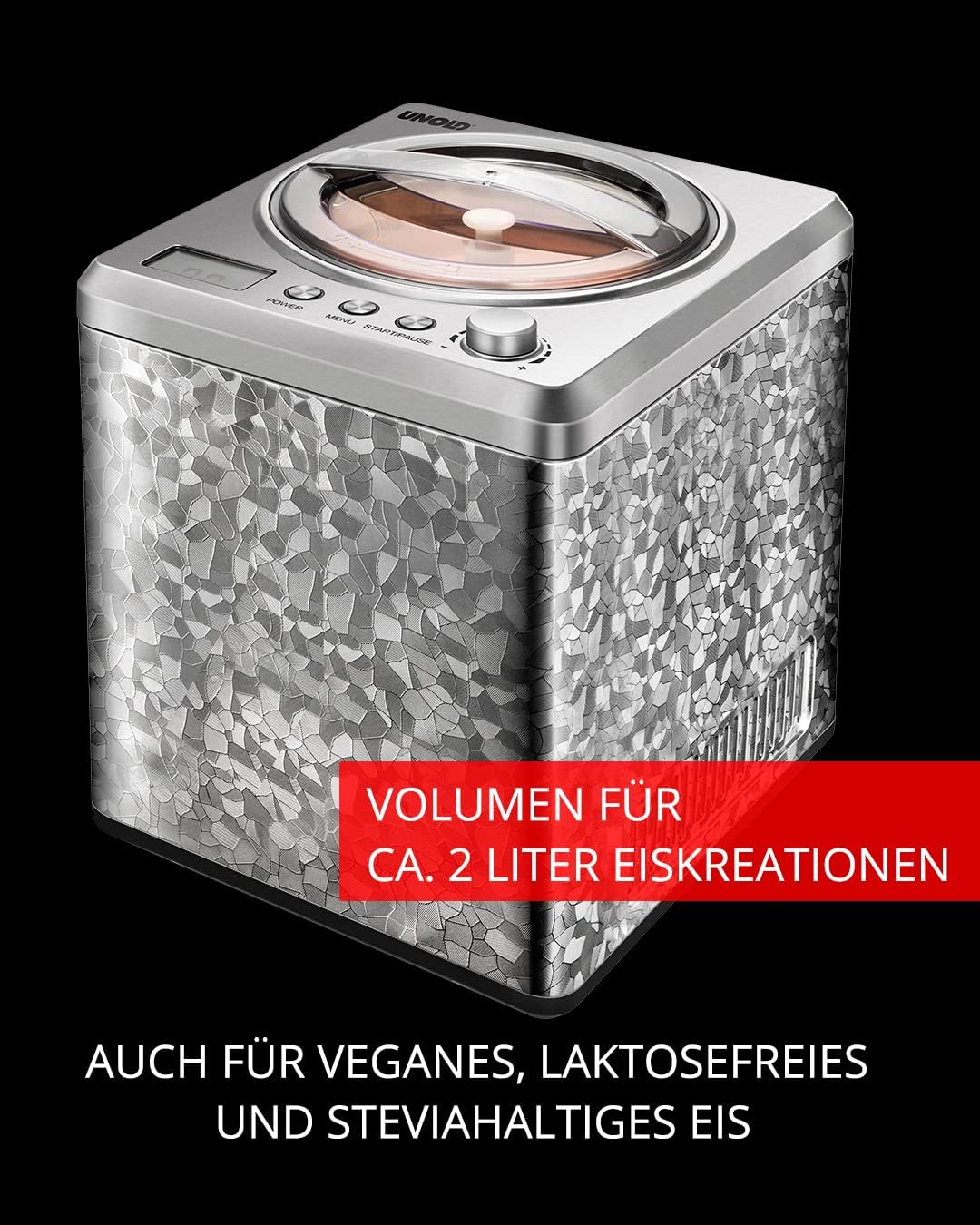 Unold 48870 Eismaschine Profi mit Kompressor, Volumen für 2 L Eiscreme, elegantes Edelstahlgehäuse,