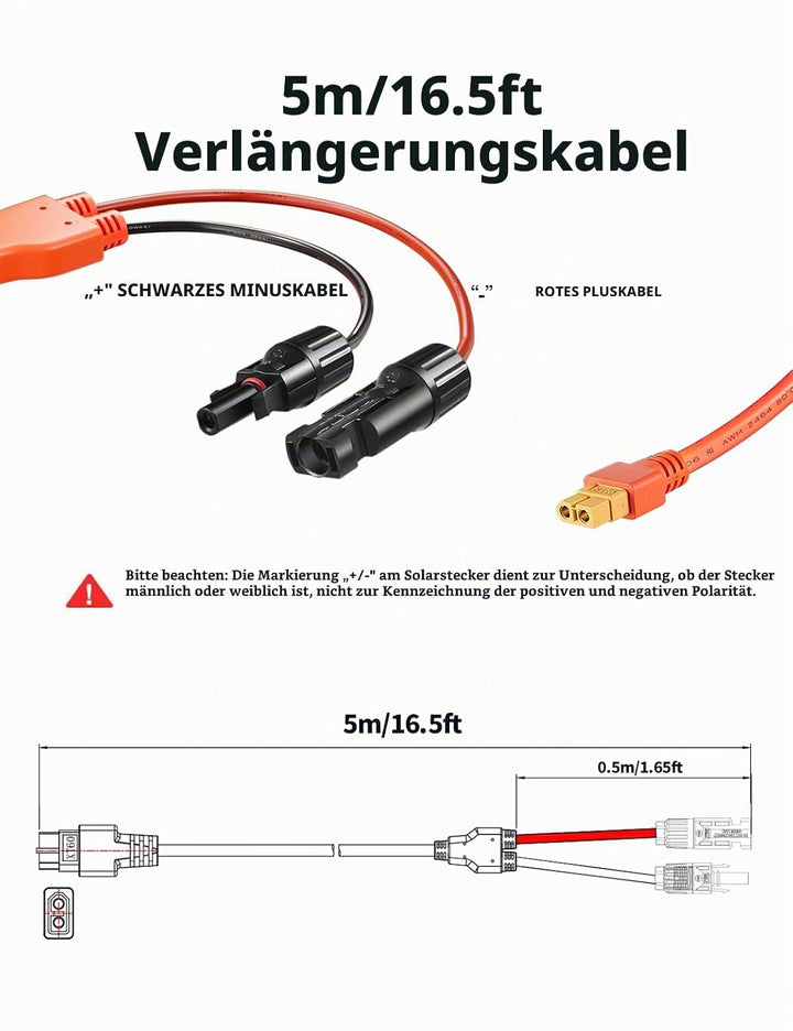 Solarstecker auf XT60 Stecker 5 Meter Solarpanel Kabel, Solarladekabel Solarkabel, 12AWG Kompatibel