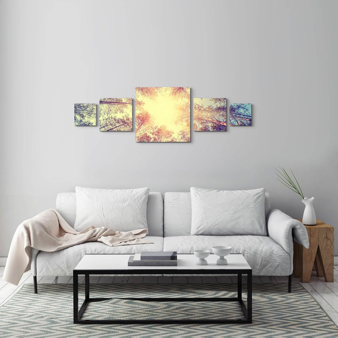 Leinwandbild 5 teilig (160x50cm) Vintage – Wald, Baumwipfel 5xQuadrat Gesamt 160x50cm, 5xQuadrat Ges