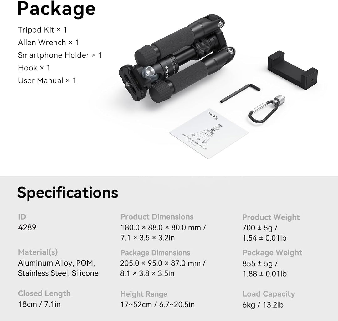 SMALLRIG Aluminium Mini Stativ Tripod 20"/52 cm Desktop Stativ mit 360° Kugelkopf, kompaktes Kamera
