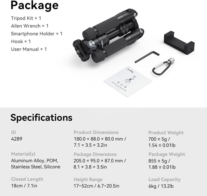 SMALLRIG Aluminium Mini Stativ Tripod 20"/52 cm Desktop Stativ mit 360° Kugelkopf, kompaktes Kamera
