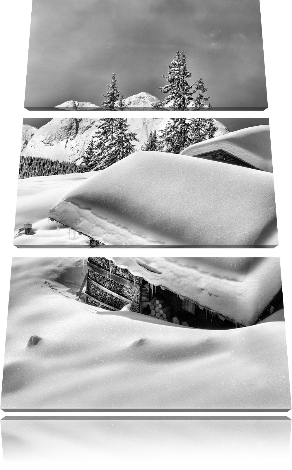 Pixxprint Monocrome, Verschneite Berghütten in den Alpen 3-Teiler Leinwandbild 120x80 Bild auf Leinw
