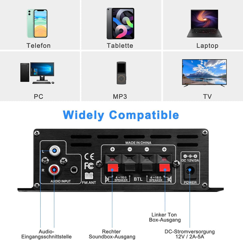 AK-380 Bluetooth 5.0 HiFi Verstärker 2.0-Kanal 40W x 2 Max. 400W Mini Verstärker Stereo Audio Leistu