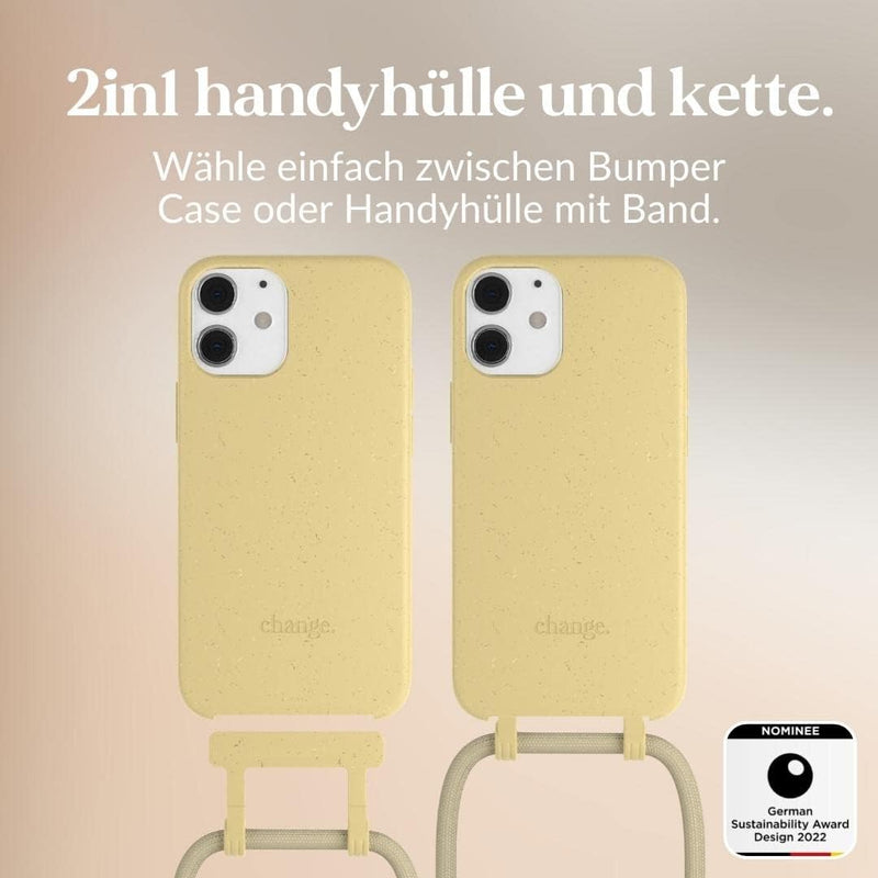 Woodcessories - Nachhaltige Handykette abnehmbar kompatibel mit iPhone 12 Mini Hülle mit Band gelb -