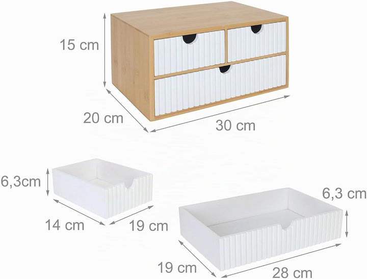 Relaxdays Schubladenbox, Bambus &amp; MDF, 3 geriffelte Schubladen, HBT: 15 x 30 x 20 cm, Schreibtisch O
