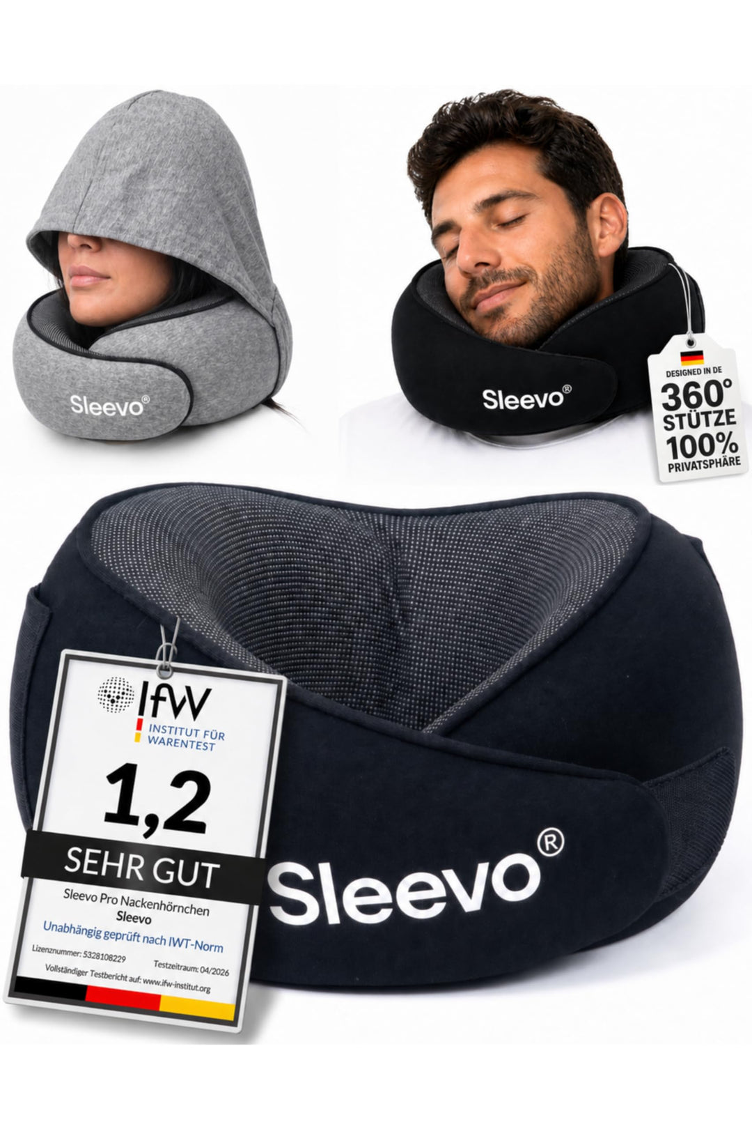 Pro Nackenkissen mit Kapuze &amp; Memory Foam für Flugzeug &amp; Reise – Ergonomisches Nackenhörnchen, Schla