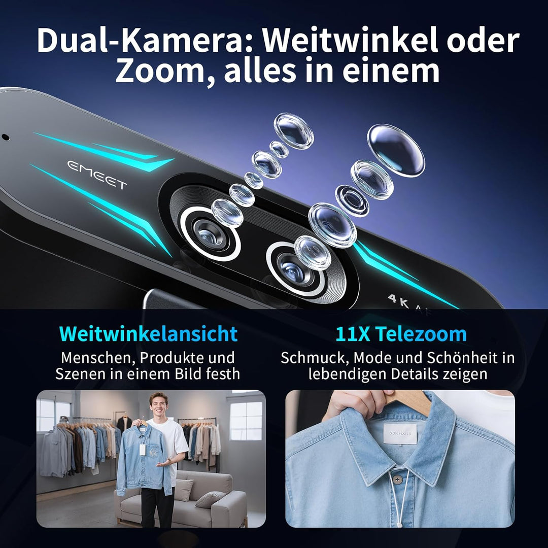 EMEET C60E Dual-Kamera-4K-Webcam für Streaming, Weitwinkel- und Teleobjektiv, bis zu 11-facher Hybri