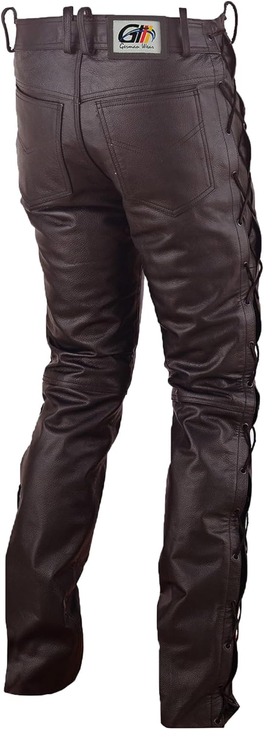 German Wear Lederhose lederjeans bikerjeans Büffelleder seitlich geschnürt Schwarz S Braun, S Braun