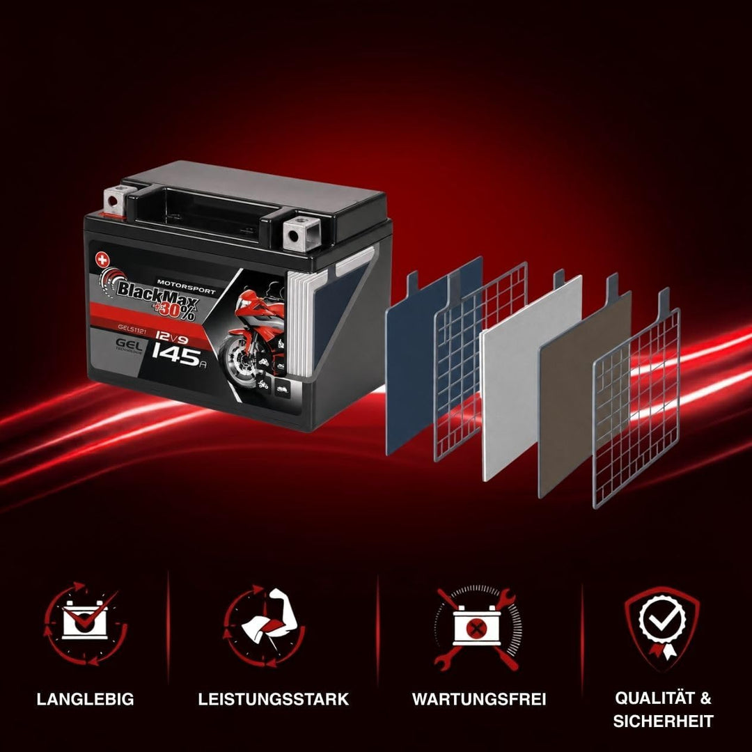 BlackMax YTZ14S Motorradbatterie GEL 12V 12Ah YTZ14-4 Batterie GTZ14-4 YTZ14-S 12Ah - 255A - YTZ14S,