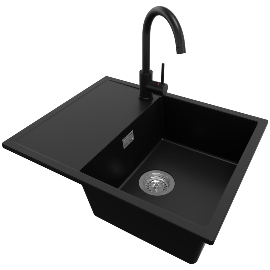 Spülbecken Schwarz 62x50 cm, Granitspüle + Ablauf-Set + Küchenarmatur 5000, Küchenspüle für 45er Unt