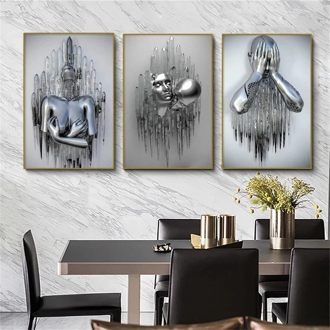 SWECOMZE 3er Kunst Modern Poster Set - 3D Metallfigur Statue Kunst Liebe Herz Kuss Bilder Wandkunst