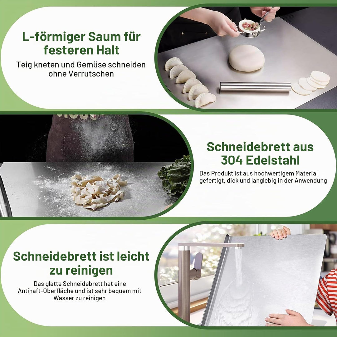Schneidebrett Edelstahl mit Anschlagkante–Arbeitsplatte Küche als Nudelbrett, Auftauplatte &amp; Küchena