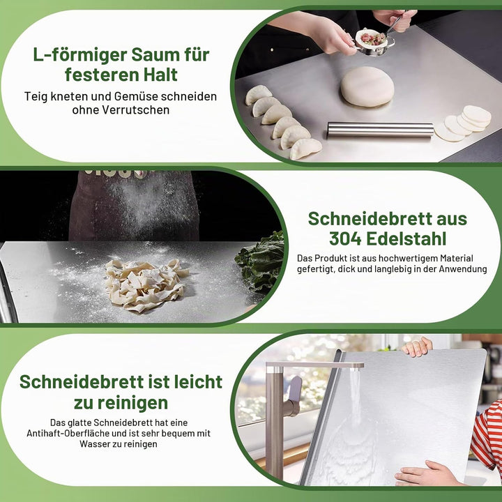 Schneidebrett Edelstahl mit Anschlagkante–Arbeitsplatte Küche als Nudelbrett, Auftauplatte &amp; Küchena
