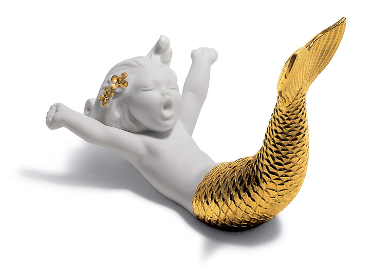 LLADRÓ Meerjungfrau-Figur Erwachen Am Meer. Gold. Meerjungfrau. Porzellan.