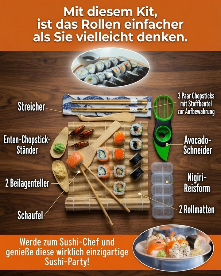 Sushi Set 14-teilig - Bambus Sushi Maker Kit Rollmatte für Anfänger - 2 Matten, 3 Paar Essstäbchen m