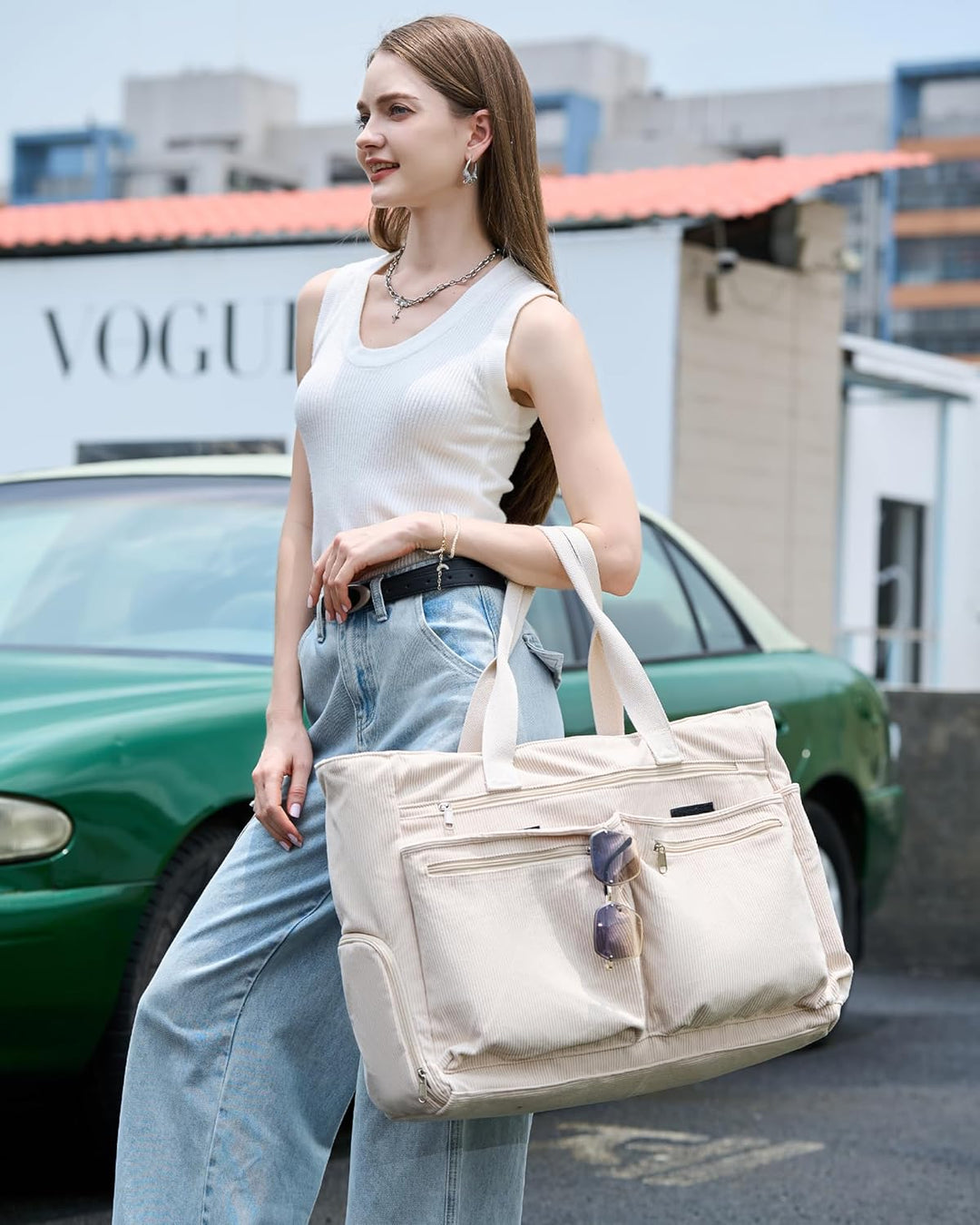 Makukke Strandtasche XXL, Cord Weekender Damen mit Schuhfach, Gross Faltbar Badetasche mit Reissvers