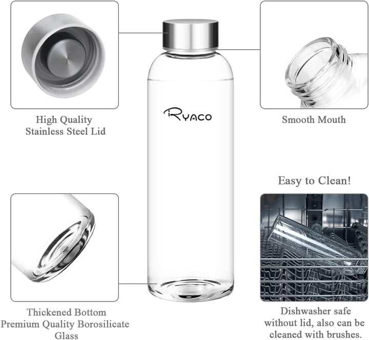 Ryaco Trinkflasche aus Glas 550ml/750ml/1000ml/1L,Glasflasche mit Neoprenhülle,Glastrinkflasche mit