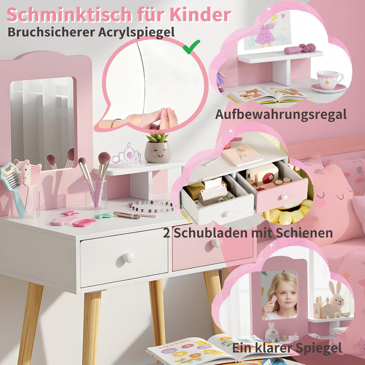 Clevich 2 in 1 Schminktisch Kinder Set, Prinzessin Frisiertisch mit Abnehmbarem Spiegel, 2 Schublade