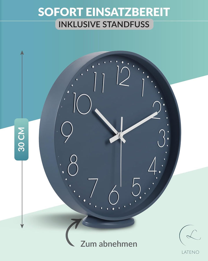 LATENO - Wanduhr ohne Tickgeräusche - Wanduhr Blau - Analoge Wanduhr 30 cm zum Aufhängen & Hinstelle