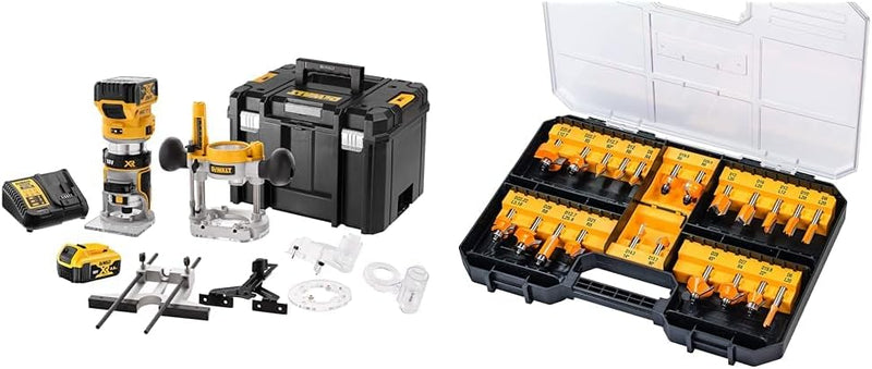 DEWALT DCW 604 P2 Akku Kombifräse 18V 55 mm + 2x Akku 5,0Ah + Ladegerät + TSTAK & Fräser-Set 22 tlg.