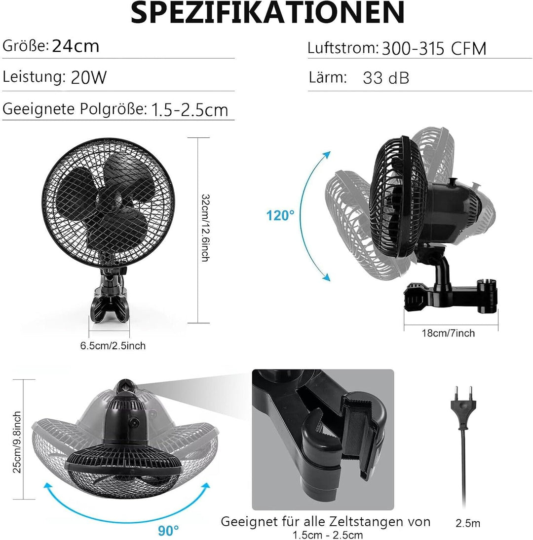 Grow Ventilator Oszillierend, 20 W Clip Ventilator Klemmbar, Ideal für Grow Zelt (2 Stück), 2 Stück