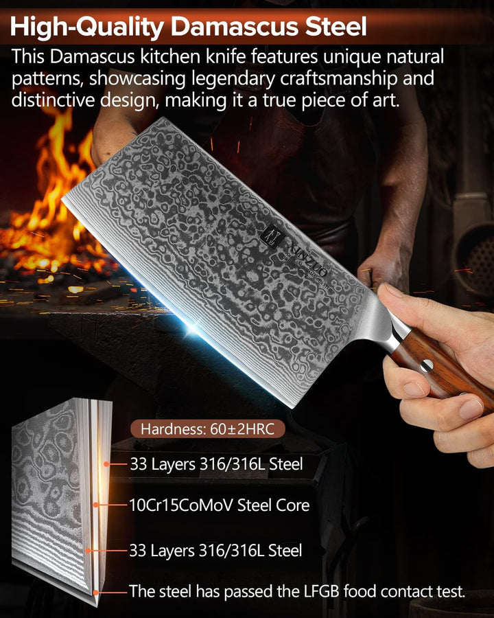 XINZUO Hackmesser Damaststahl 18cm Chinesisches Kochmesser, Hochwertige Profi Hackbeil Scharfe Kling