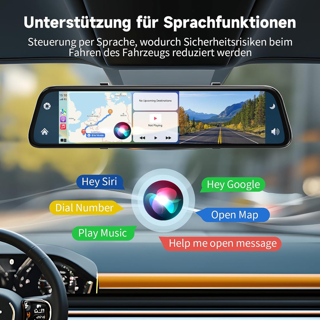 2026 Neuestes 12,5 Zoll 4K Rückfahrkamera Spiegel mit Wireless CarPlay Android Auto, Dashcam Auto Sp