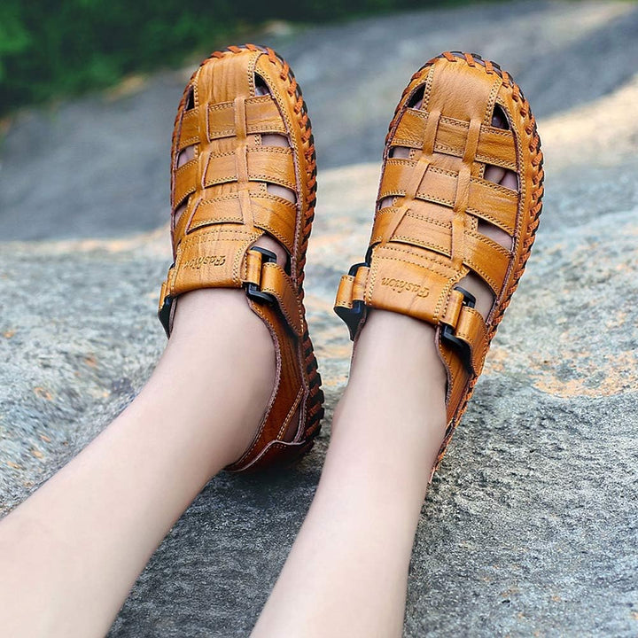 Moodeng Herren Sandalen Outdoor Leder Sommer Outdoorsandalen Sport Trekking Strand Geschlossene Klet
