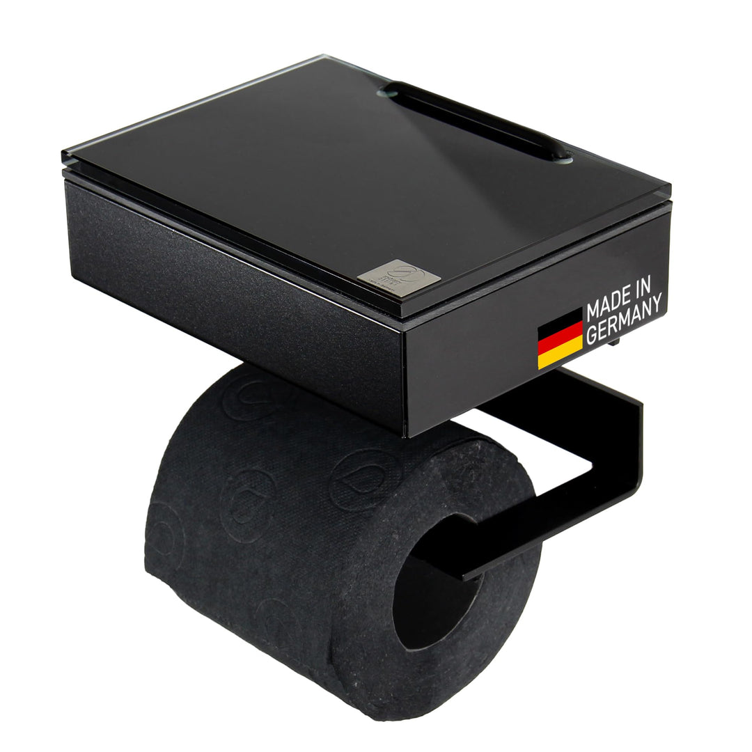 Toilettenpapierhalter mit Feuchttücherbox - Gehäuse Schwarz & Abdeckung Glas Schwarz - befüllbar von