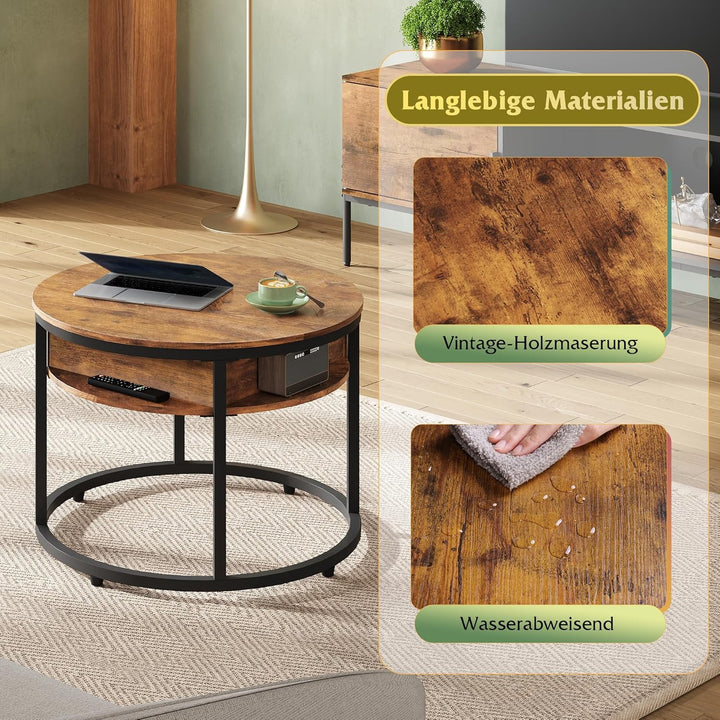 WLIVE Couchtisch Rund mit Hebeplatte, Wohnzimmertisch Höhenverstellbar mit Stauraum, 60 x 60 x 50 cm