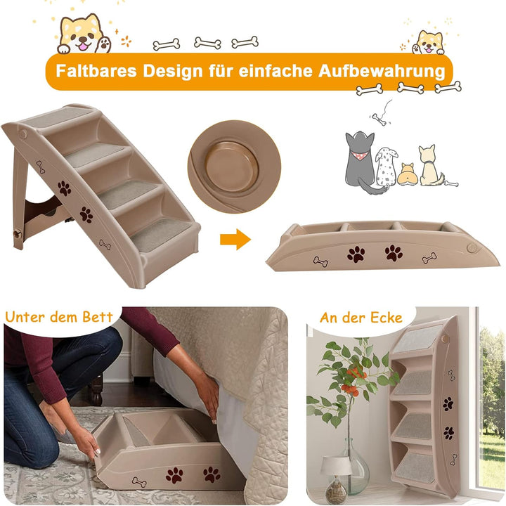 GOPLUS Hundetreppe mit 4 Stufen, Tragbare Tiertreppe aus Kunststoff, Klappbare Treppe für Haustiere,