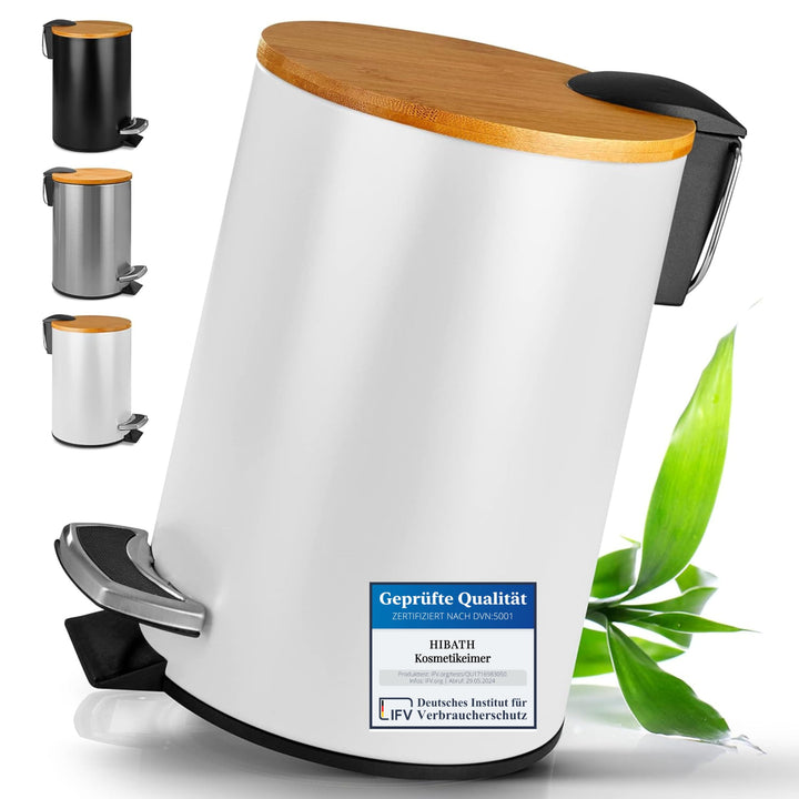 HIBATH® Kosmetikeimer mit Bambusdeckel - Badezimmer Mülleimer mit softclose Absenkautomatik - hochwe