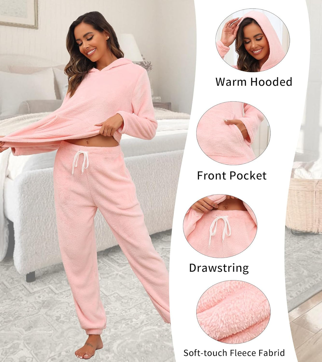 Lovasy Fleece Schlafanzug Damen Lang Winter Warmer Pyjama Set Flauschiger Frottee Schlafanzüge für D