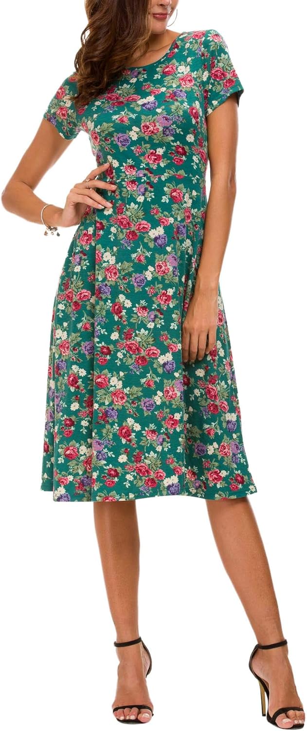 EXCHIC Damen Freizeit Rundhals A-Linie Kurzarm Midi Kleid Elegant Blumen Sommer Knielang Kleider M 1