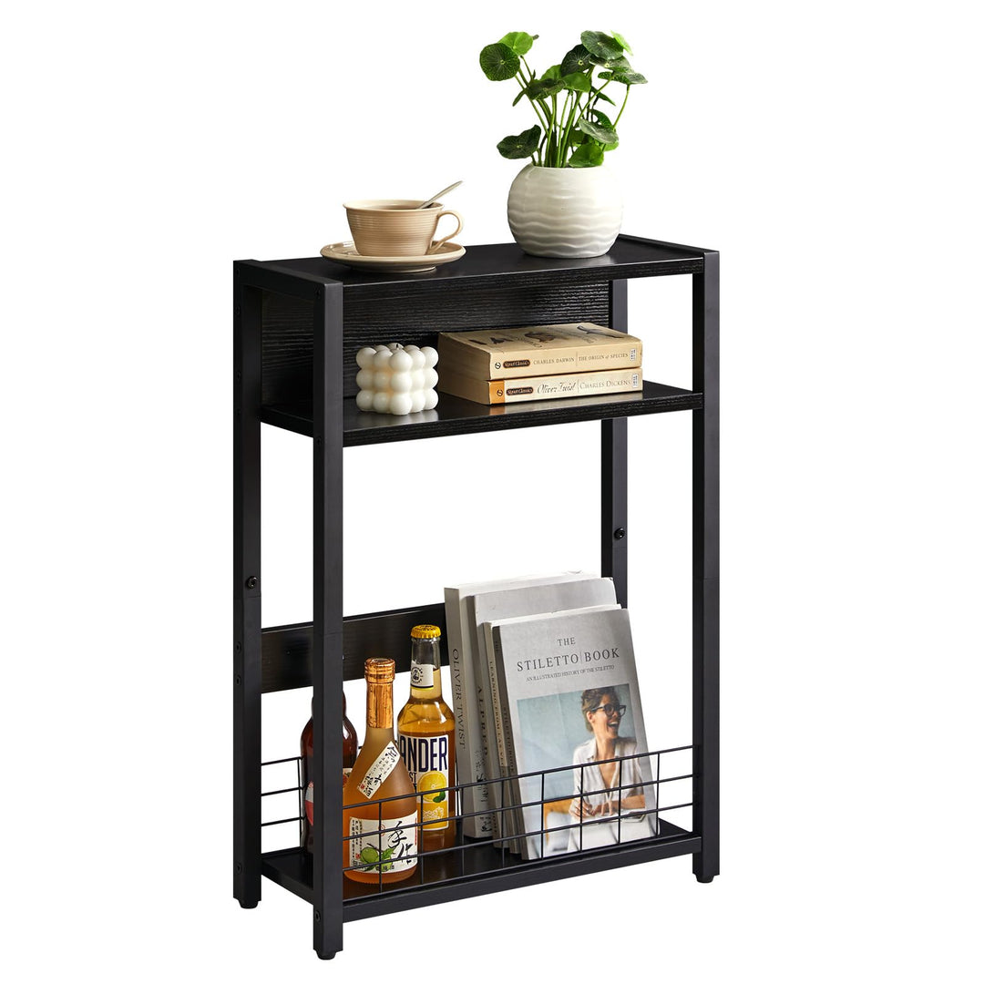 IBUYKE Kleiner Beistelltisch mit Zeitschriftenhalter,3 Etagen,Schmaler Beistelltisch mit Lagerregal,