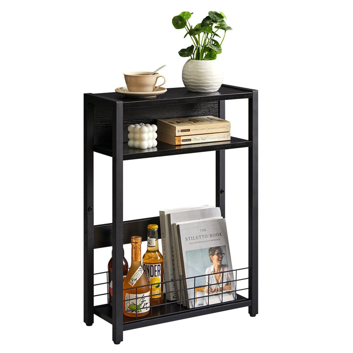 IBUYKE Kleiner Beistelltisch mit Zeitschriftenhalter,3 Etagen,Schmaler Beistelltisch mit Lagerregal,