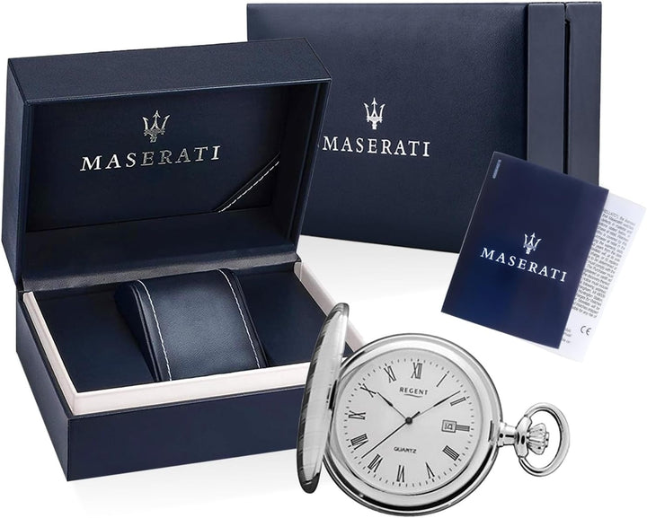 Regent Herren Taschenuhr Savonnette Klappdeckel 47 MM Quarz Weisses Zifferblatt Römische Zahlen Datu