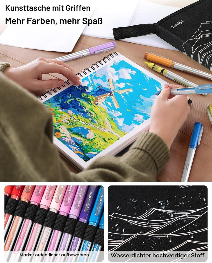 JusArt 48 Farben Acrylfarben Marker mit Segeltuchtasche - Wasserbasierte No-Bleed Paint Pens mit aut
