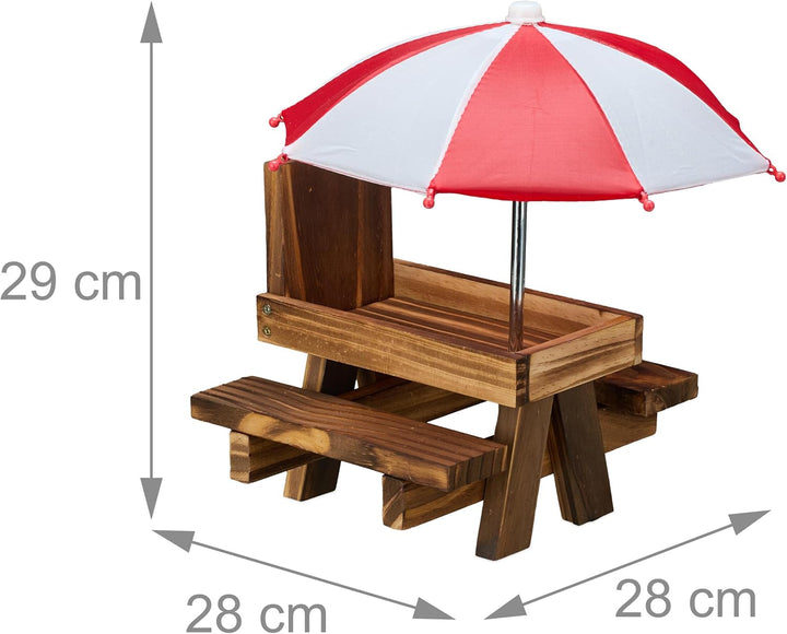 Relaxdays Eichhörnchen Tisch, Holz, Eichhörnchenbank mit 2 Schirmen, Eichhörnchen-Picknicktisch zum