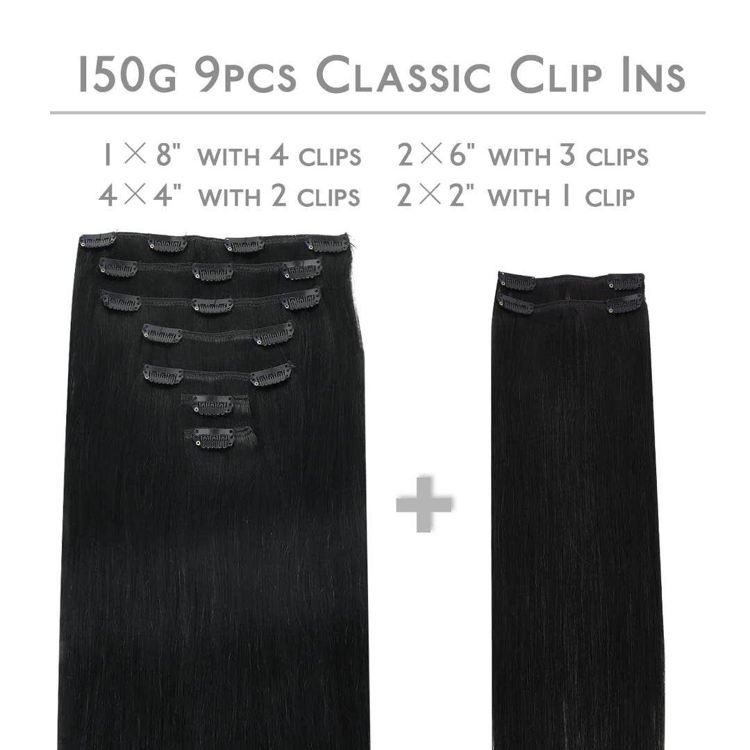 WENNALIFE Clip In Extensions Echthaar, 150g 35cm 9pcs Tief Schwarz Clip In Extensions Hair Extension