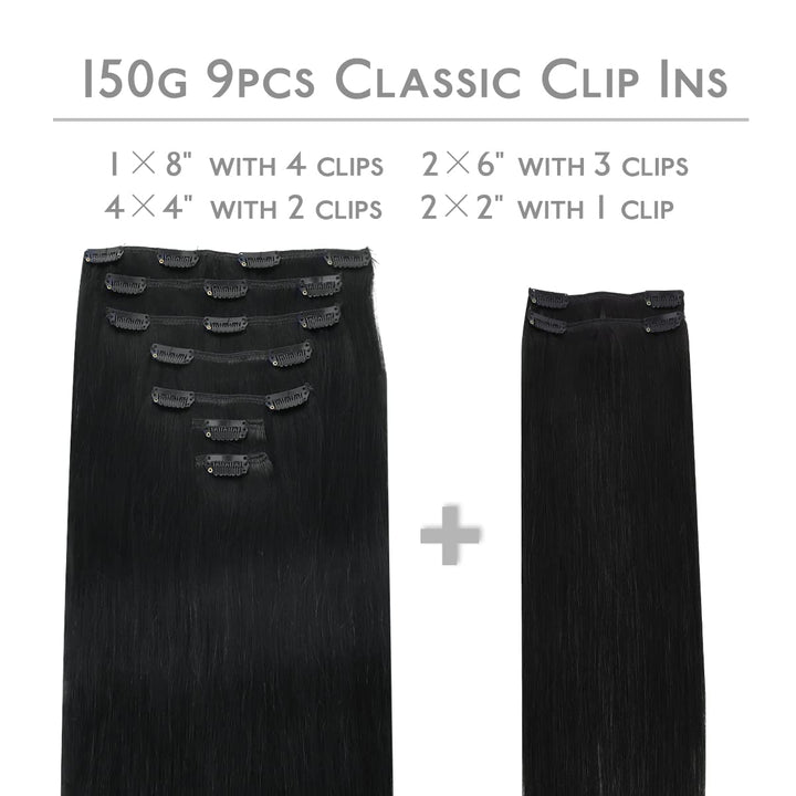 WENNALIFE Clip In Extensions Echthaar, 150g 35cm 9pcs Tief Schwarz Clip In Extensions Hair Extension