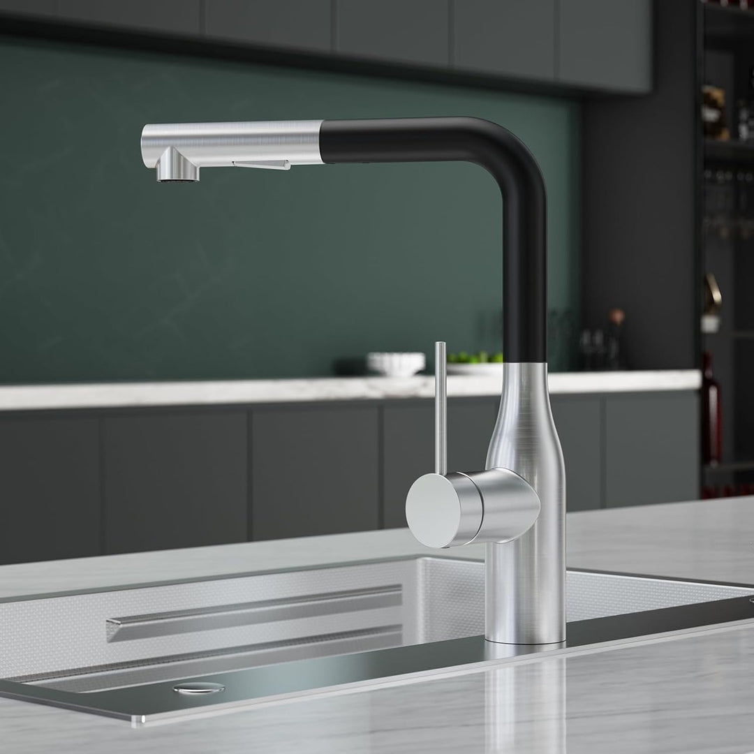 CECIPA Wasserhahn Küche Ausziehbar, Hochdruck Küchenarmatur Schwarz und Edelstahl, 360° Schwenk Arma