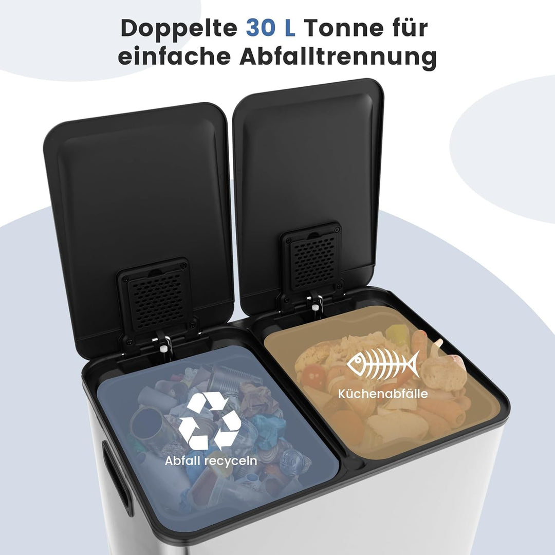 COSTWAY Mülleimer 2 Fächer, 2 x 30L Abfalleimer Küche, Tretmülleimer mit sanft schliessendem Deckel,
