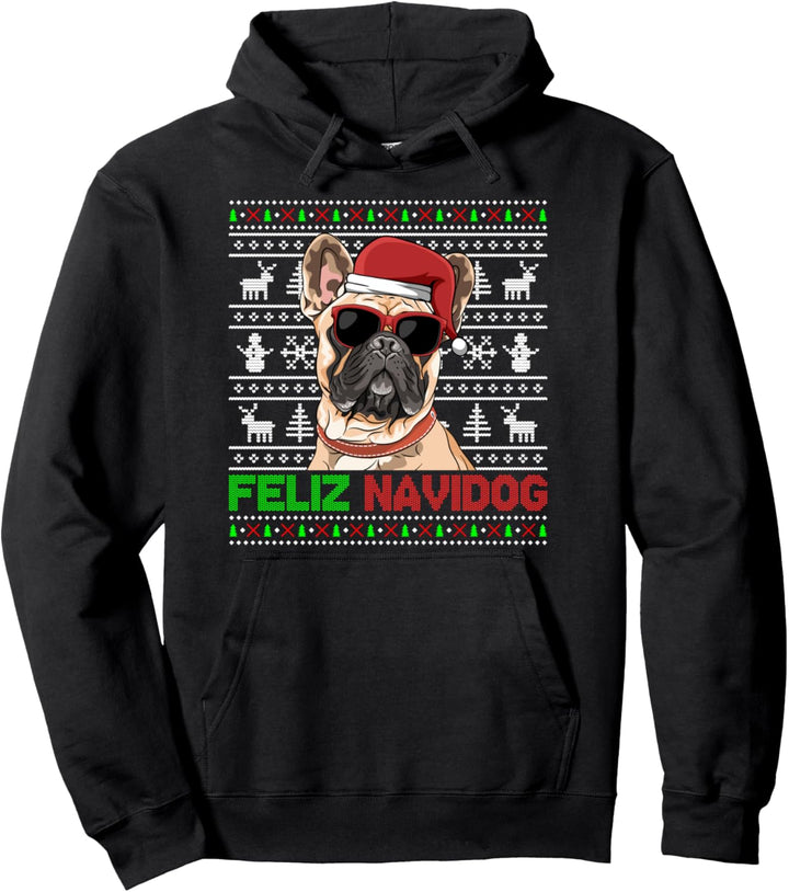 Französische Bulldogge Feliz Navidog Lustige Weihnachten Pullover Hoodie