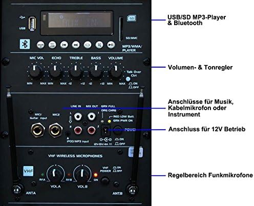 E-Lektron EL225-UHF 600W PA Soundsystem USB/SD Bluetooth Soundanlage mit Akku und Funkmikrofon